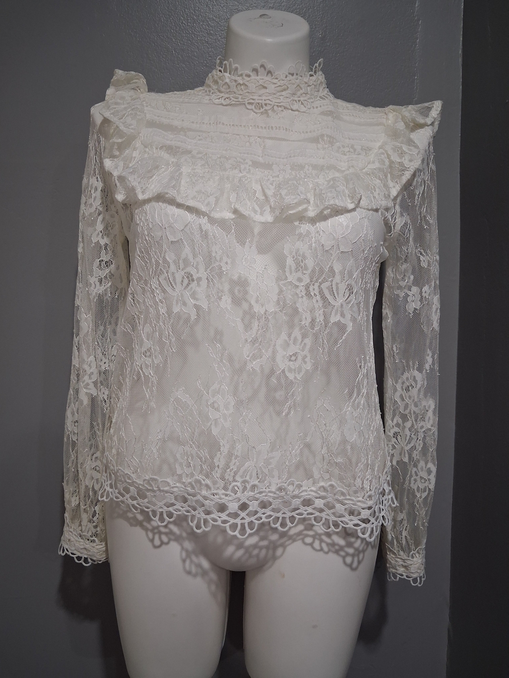 Ivory Lace Ruffle High-Neck Blouse